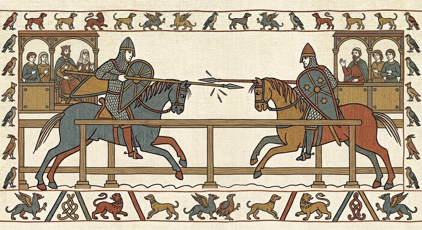 Mounted knights joust in the main arena